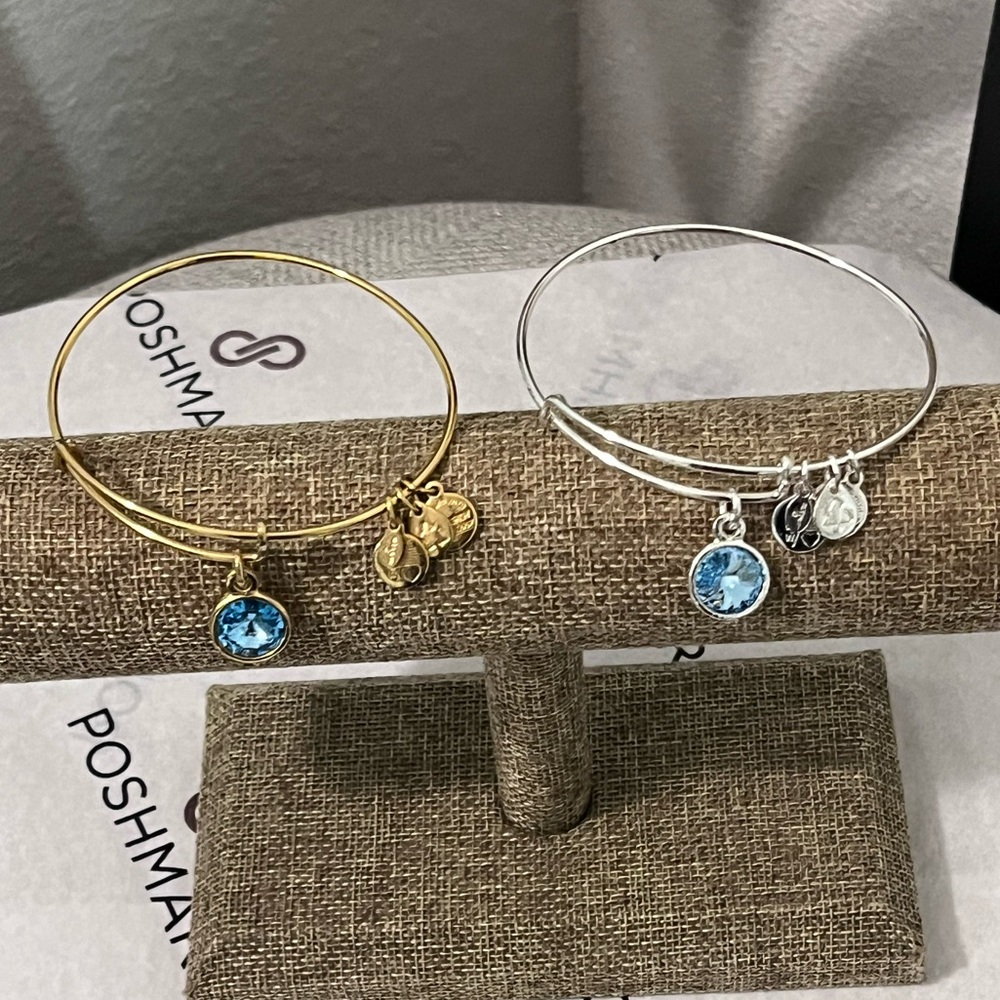 ALEX & ANI PRE-LOVED AUTHENTIC AQUAMARINE BIRTHSTONES CHARM GOLD/SILVER BANGLES
